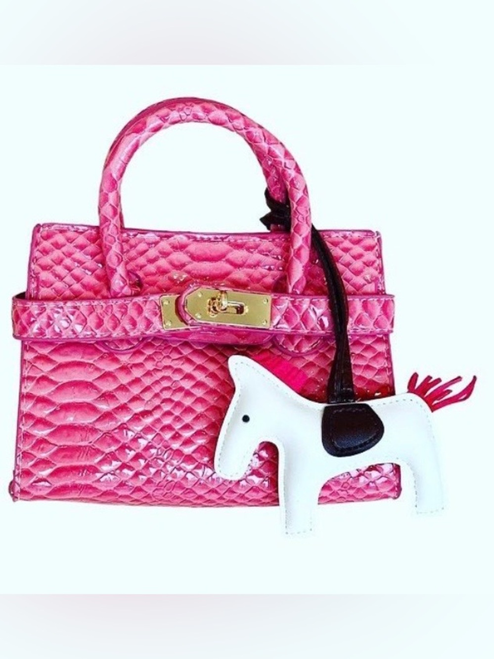 Hot Pink Quilted Satchel with Gold Hardware Mini Croc Kelly Inspired